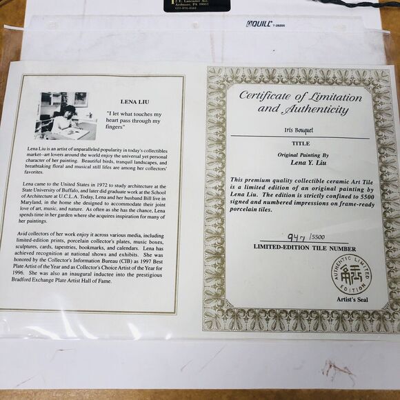 Lena Liu Art Tile Lot 2 Signed Limited Floral Iris Hydrangea Bouquet Numbered - Picture 7 of 10